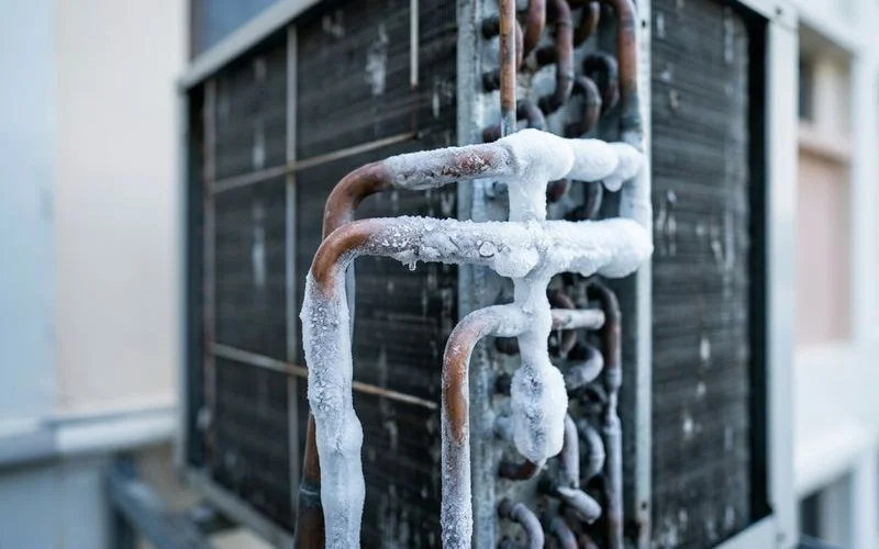 Frozen copper lines on aircon condenser