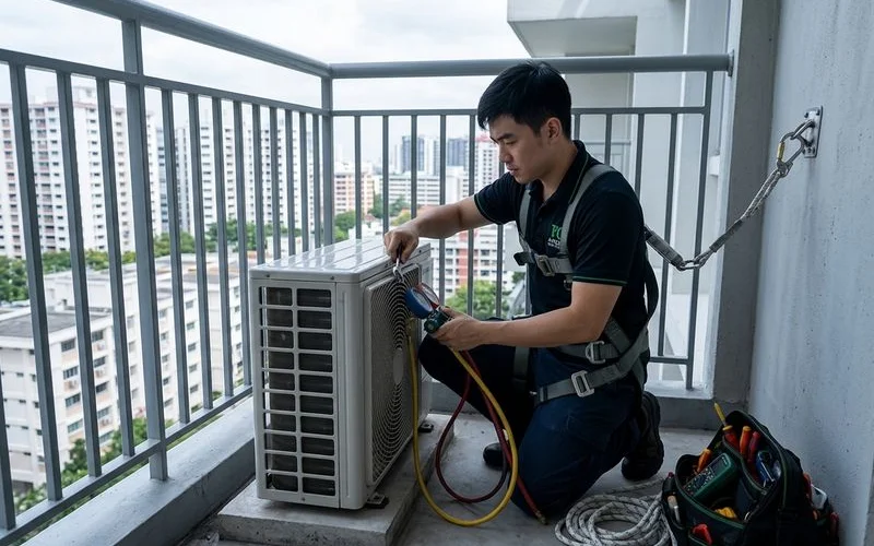 Technician servicing condo outdoor unit