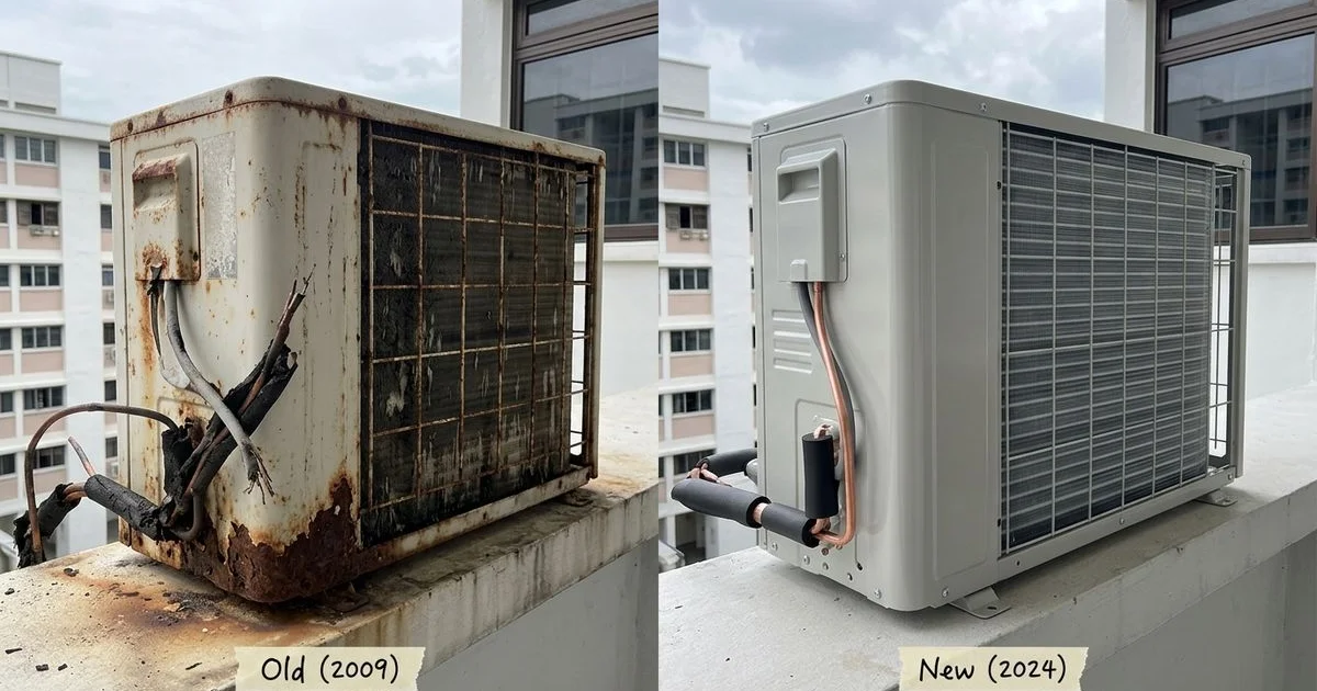 Old vs new aircon outdoor units side by side