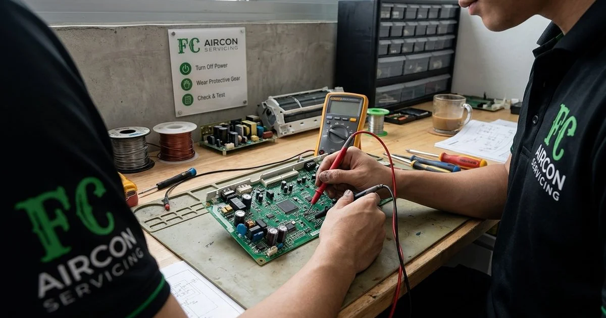 Aircon PCB on workbench with multimeter probes