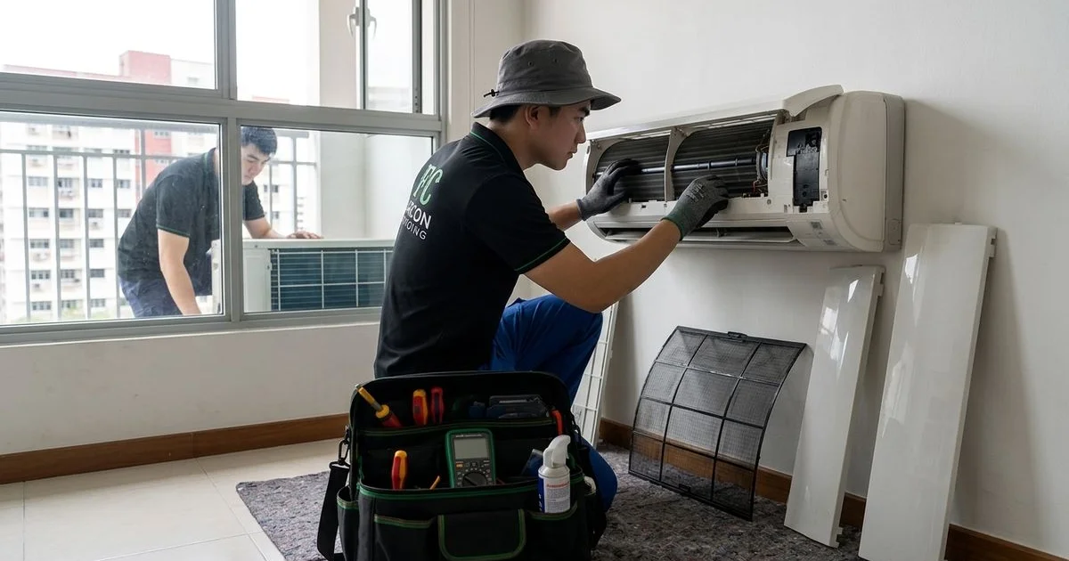 Technician kneeling next to wall-mounted aircon with toolkit open, mid-service
