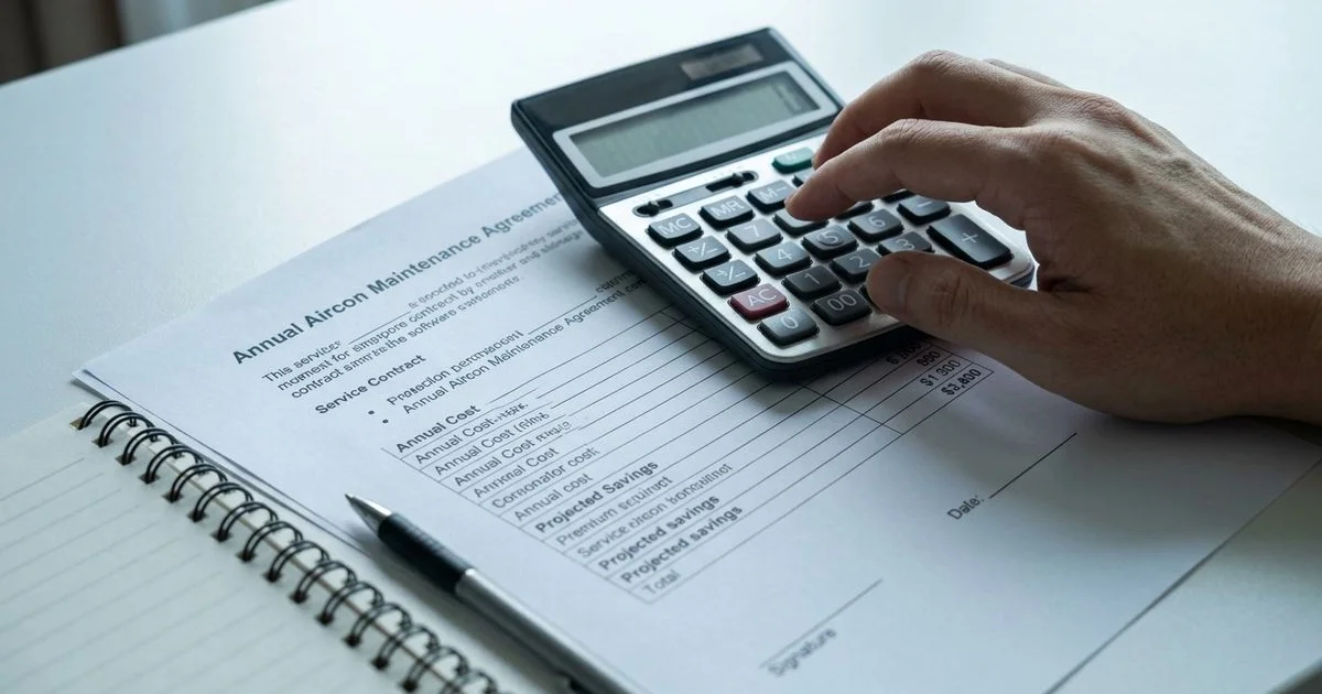 Calculator and aircon contract on desk — ROI moment