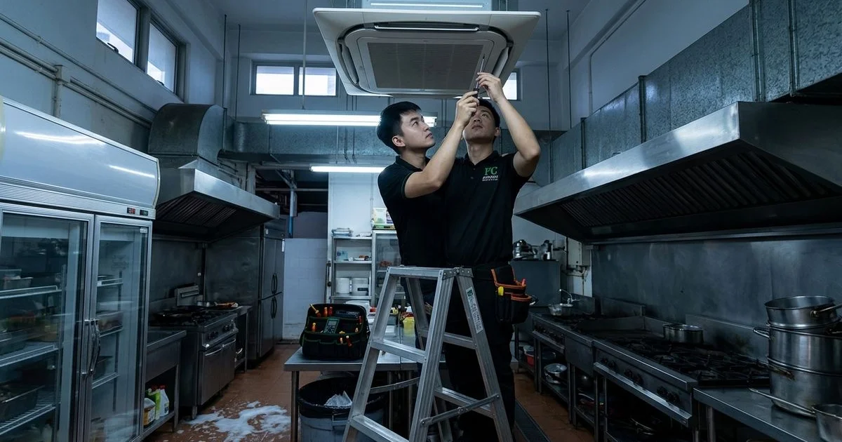 Ceiling cassette being serviced in shophouse F&B kitchen