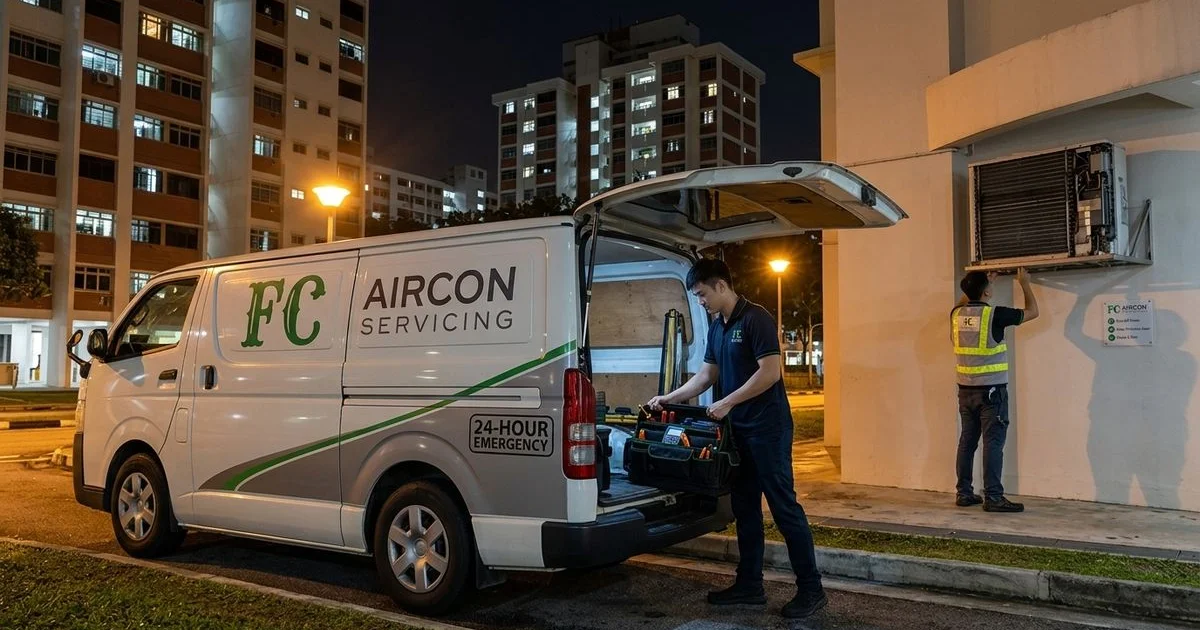 FC Aircon van arriving for after-hours emergency dispatch