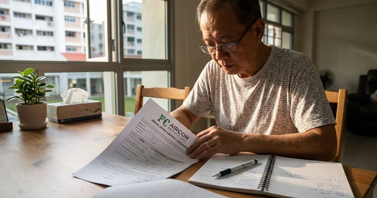 Aircon service contract document on dining table
