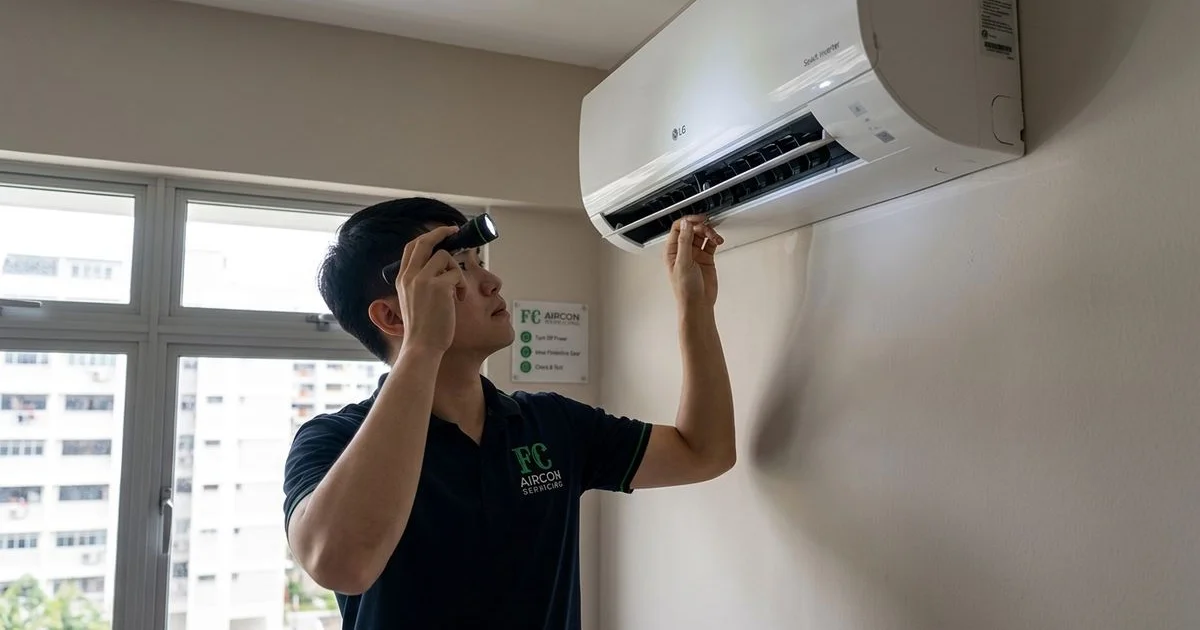 FC Aircon technician inspecting an indoor unit in a Singapore HDB living room