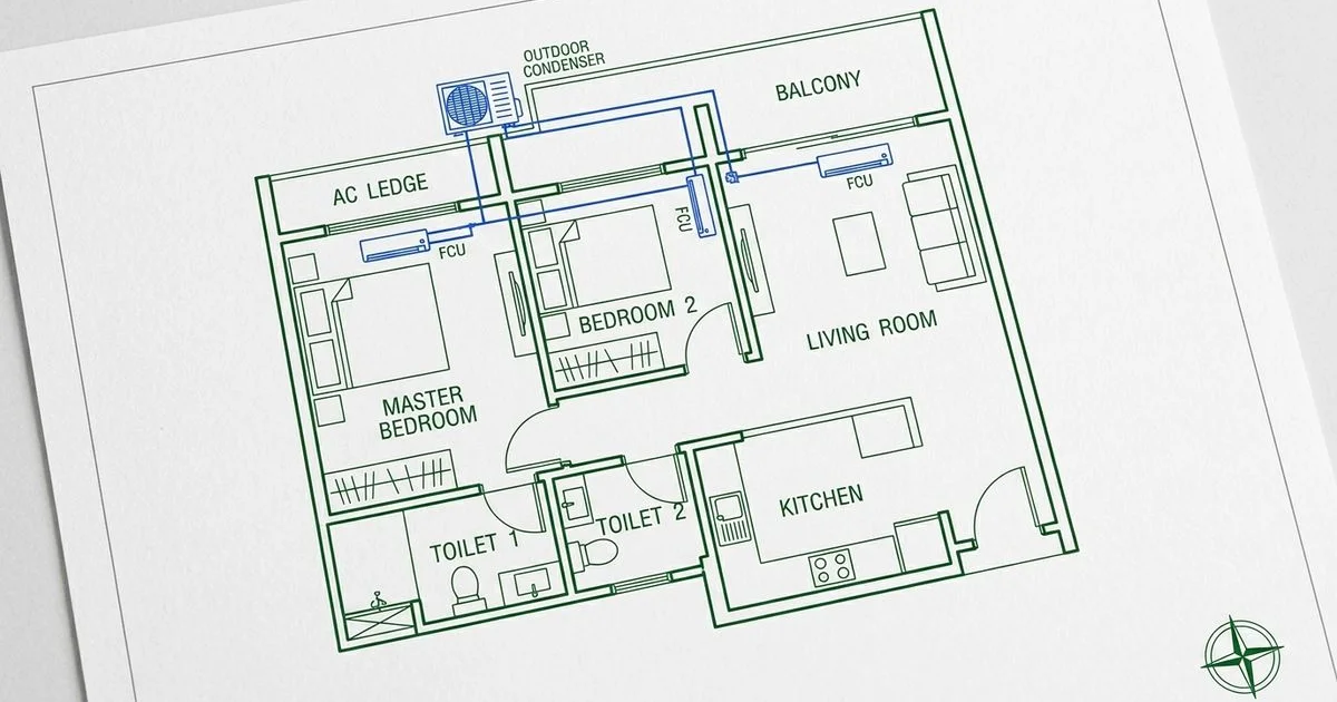 HDB floor plan with aircon units mapped to rooms