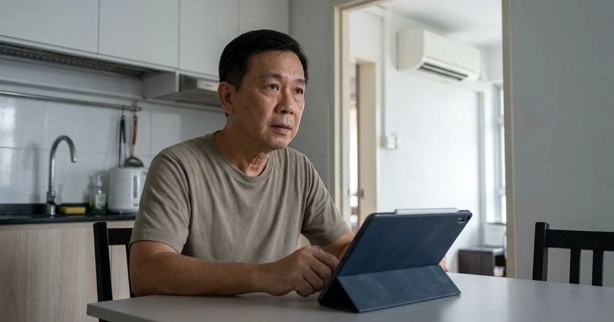 Singapore HDB resident reviewing SP Group bill next to wall-mounted aircon
