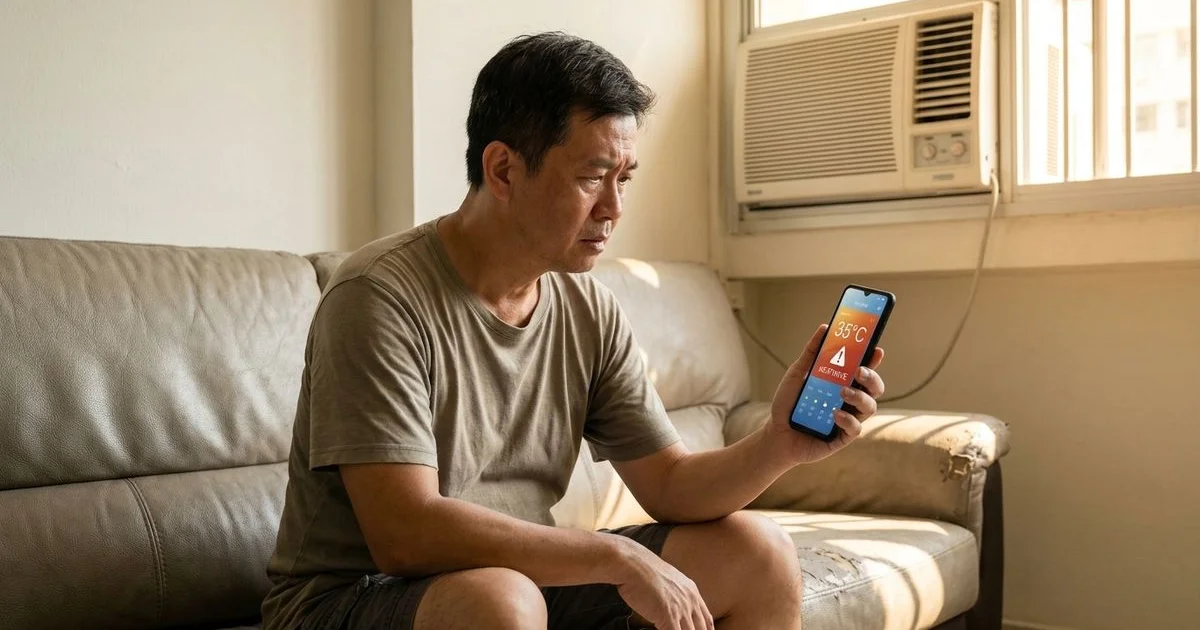 Singapore weather warning on phone with aircon visible