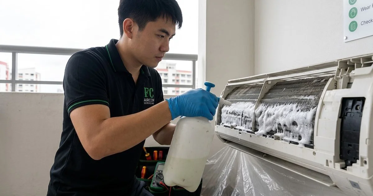 Technician applying chemical wash foam to aircon coil