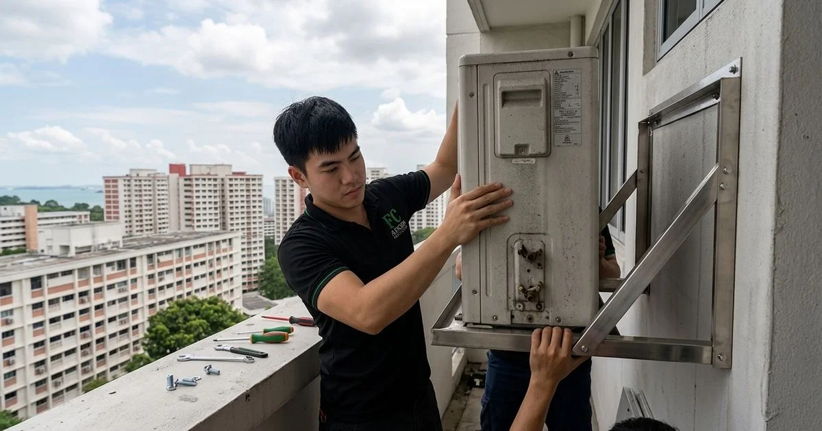 Technician mounting outdoor unit on BCA bracket