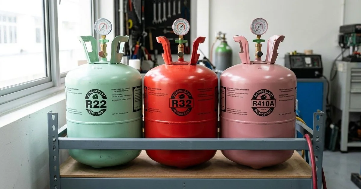 Three refrigerant cylinders: R22, R32, R410A