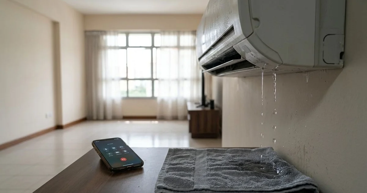 Water dripping from wall-mounted indoor aircon onto Singapore HDB floor