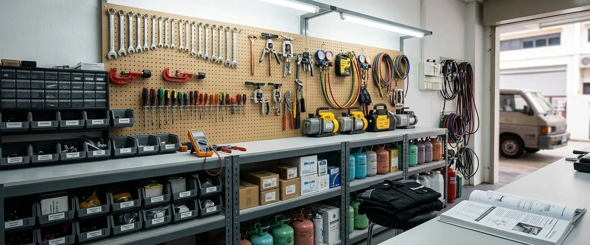 FC Aircon workshop interior — tool wall and brand spares