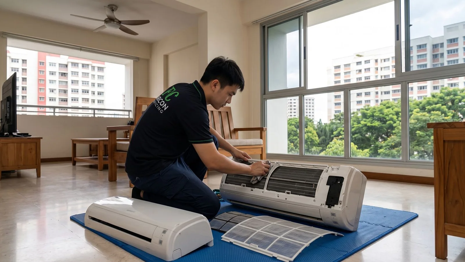 FC Aircon technician servicing wall-mounted aircon in Singapore HDB living room